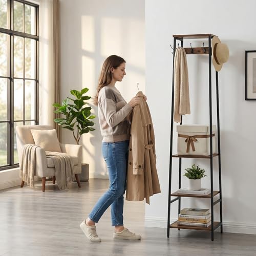 Coat Rack Freestanding, Coat Stand with 3 Shelves and 7 Hooks, Hall Tree Free Standing, Clothes Rack Stand Organizer, Industrial Style, Rustic Brown and Black - color: Rustic Brown and Black, style: 3 Shelves