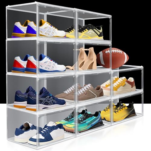 12 Pack Sneaker Boxes Clear Plastic Stackable Shoe Box Size 12.5, Transparent Display Case with Magnetic Acrylic Door, Dustproof Storage Bins for Closet, Over the Door Shoe Organizer - color: Clear, size: M-Large Size 13
