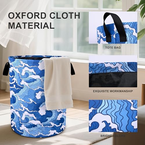Ocean Wave Laundry Basket Foldable Oxford Cloth Tote Bag Laundry Hamper Clothes Storage Bucket Organizer For Bathroom/Laundry Storage/Bedroom 19.6x15.7 Inch - color: Ocean Wave