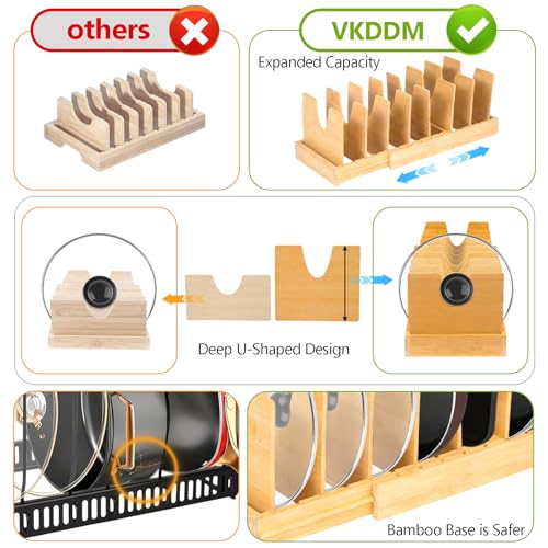 Pots and Pans Organizer for under Cabinet - Expandable Bamboo Pot Lid Organizer, Bakeware and Cutting Board Organizers, Drawer Pot Lid Holder Rack for Kitchen Organizers and Storage