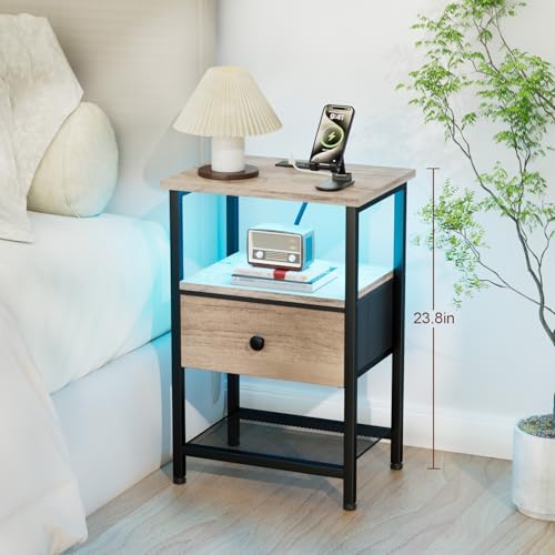 LOAKEKEL Nightstand with Charging Station, End Table with Fabric Drawer, LED Night Stand for Bedroom, Small Bed Side Table with USB Ports and Outlets, Grey, HETS01GY-1 - color: Grey, style: One-drawer