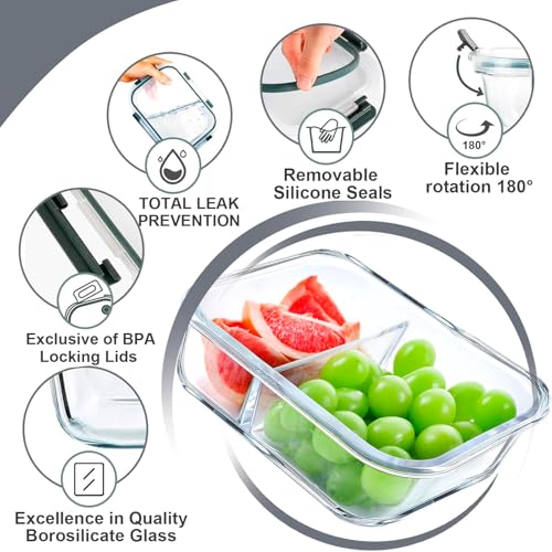 VERONES 5 Pack Glass Meal Prep Containers 2 Compartment Set, 36OZ Airtight Glass Lunch Containers, Glass Food Storage Containers with Lids, for Microwave, Oven, Freezer & Dishwasher Friendly,Grey - color: Grey