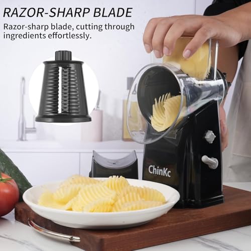 Upgrade Rotary Cheese Grater Shredder with Handle, Strong Suction Base, Multi-purpose Rotary Grater Slicer with 5 Interchangeable Blades for Ice, Vegetables, Fruit, Nuts with Blade Storage Box - color: Black