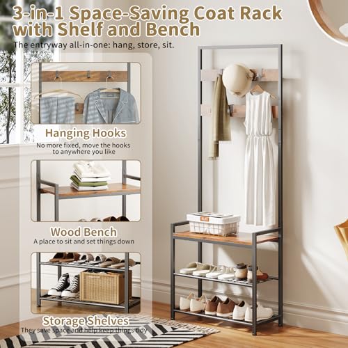 Hall Tree with Shoe Storage Bench - Entryway Bench with Coat Rack and Hooks - 3-in-1 Small Hall Tree for Entry Way, Entrance, Hallway, Doorway, Front Door, Mudroom, Small Space - Rustic Brown - color: Rustic Brown 1