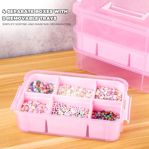 CraftGenes Art Supply Storage Organizer with 2 Removable Trays, 4-Layer 10QT Durable Craft Organizers and Storage for Sewing, Tool, Office Supplies, Art, Craft Supplies(Pink) - color: Pink