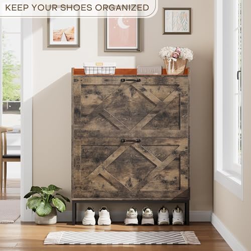 Nicetree Shoe Cabinet with 2 Flip Drawers, Freestanding Shoe Storage Cabinet with Metal Legs, Farmhouse Shoe Organizer for Entryway, Foyer, Hallway - color: Chestnut, style: 2-Drawers