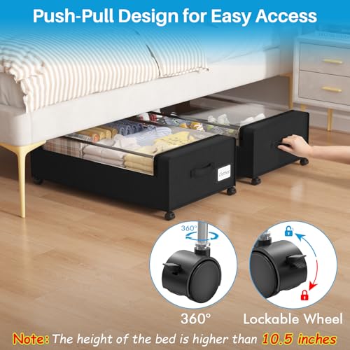 Under Bed Shoe Storage Organizer, 10 Inch Rolling Underbed Drawers for Clothes, Blankets, Winter Clothing & Shoes - Metal Frame Storage Bins with Handles, Dual Zippers, Clear Window 2 Pack Black - color: Black, size: 10 inch height