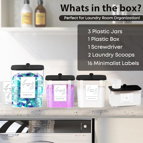 COAZEX 4 Pack Clear Laundry Pods Container & Dryer Sheet Holder, Plastic Square Laundry Room Organization and Storage Jars with Lids, Scoops & Labels for Detergent, Powder, Dryer Balls (Black Lid) - color: A-2+1+1 Pack(Black Lid)