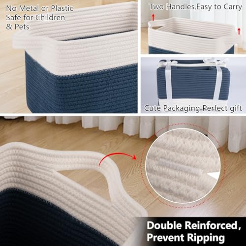 OIAHOMY Storage Baskets - Woven Cotton Rope Baskets for Shelves, Toy Towel Organizer Bins, Pack of 3, Blue & White - color: Blue & White, size: 3 pcs-13”x9.9”x8.7”