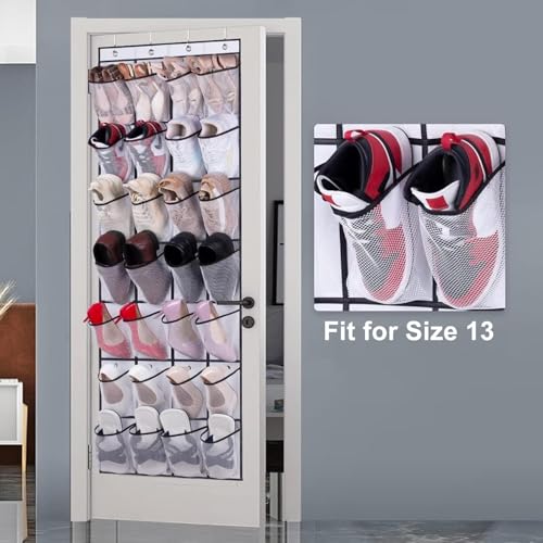 MISSLO 28 Large Pockets Over The Door Shoe Rack Hanging Shoe Organizer for Closet Door Shoe Storage Holder Mesh Hanger, White - color: White, size: 22.6x65