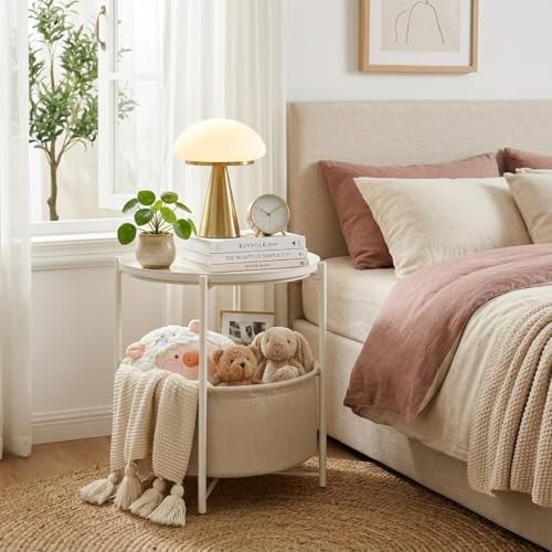 danpinera Round Side Table with Fabric Storage Basket, Metal Side Table Small Bedside Nightstand with Removable Tray Top for Living Room, Bedroom, Nursery, Laundry, White - color: White