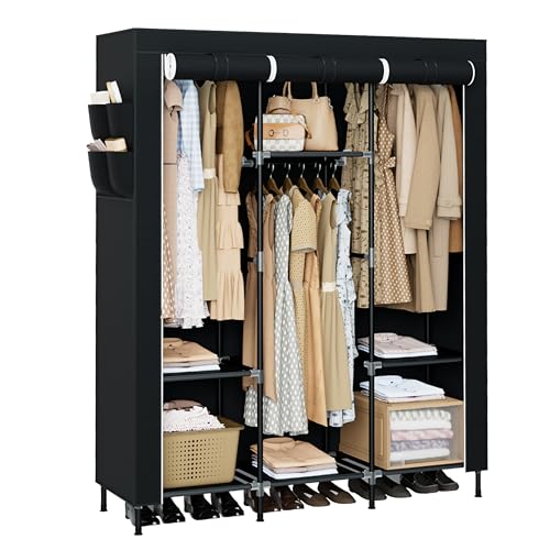 CASAMAYA Portable Closet, 51.2 Inch Large Capacity Wardrobe Closet with Cover, Clothes Storage Organizer with Shelves and 3 Hanging Rods, Easy to Assembly, Black PCT203B01 - size: 51.2"L x 17.7"W x 70.9"H