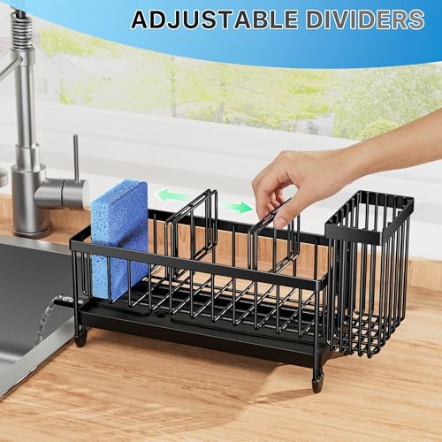Cisily Sponge Holder for Kitchen Sink, Sink Caddy Organizer with High Brush Holder, Kitchen Countertop Organizers and Storage Essentials, Rustproof 304 Stainless Steel (Black, 9.25″) - color: Black
