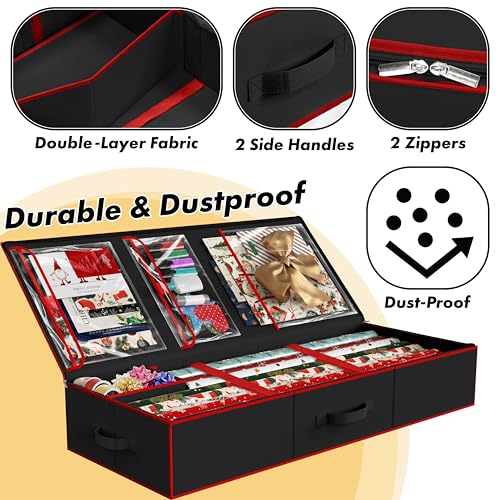 Simple Houseware 41.5" Wrapping Paper Storage Organizer - Fits 40 Rolls with Adjustable Straps, Interior Divider for Ribbons & Bows, 3 Clear Pockets for Gift Bags & Tools, 41.5''L x 16''W, Black - color: Black