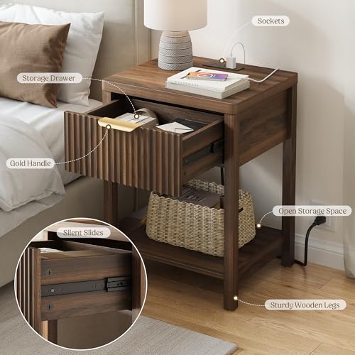 Lulive Fluted Modern Night Stand, Nightstand with Charging Station, Wood Modern Bedside End Table with Storage Drawer for Bedroom, Save Space (Set of 1, Walnut) - color: Walnut, size: 1 Drawer-Set of 1 Nightstand