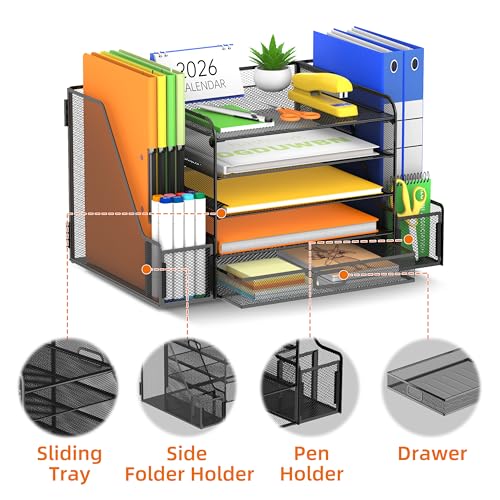 SUPEASY Mesh Desk Organizer with File Holder, 5-Tier Paper Letter Tray Organizer with Magazine Holder, Desktop Organizer and Storage with Drawer for Office Supplies Home or School (Black) - color: Black