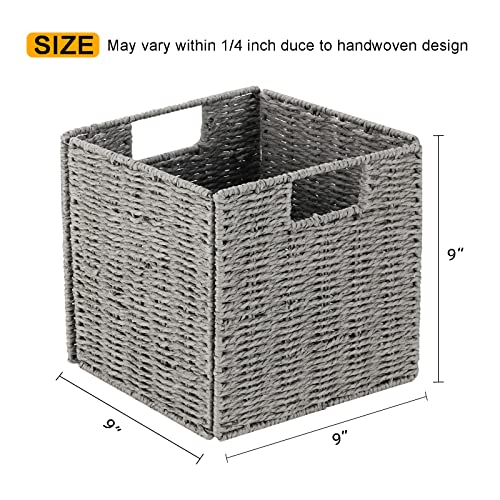 Vagusicc Storage Basket, Set of 2 Hand-Woven Paper Rope Wicker Baskets for Storage, Foldable Cube Storage Bins Organizer, 9 inch Medium Wicker Storage Baskets for Shelves Pantry Organizing Decor, Grey - color: Grey, size: 9'' x 9'' x 9''