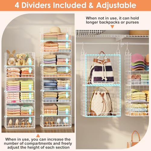 8 Tier Extended Width Hanging Closet Organizer, Sweater Storage for Closet Organizer System, Stackable Wire Basket Bins for Clothes Purse Shoes, Hanging Shelves with 4 Hooks & 4 Dividers Adjustable