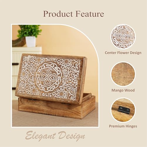 Ajuny Mango Wood Jewelry Box – Hand-Carved Celtic Knot Keepsake/Memory Box, Decorative Trinket & Treasure Chest Organizer, Handmade Gift for Women & Men, Travel Friendly, 8x5 Inch - style: Center Flower Des