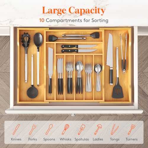 Lifewit Silverware Drawer Organizer, Expandable Utensil Tray for Kitchen, Flatware and Cutlery Holder, Wood Adjustable Storage for Spoons Forks Knives, 17-28 x 18.5, Natural - color: Natural, size: 17~28''W x 18.5''D