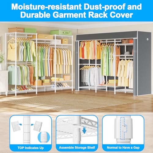 Ulif E13C Heavy Duty Closet Organizer System，Freestanding Clothing Racks for Hanging Clothes，Adjustable Garment Rack 63" W x 16" D x 77" H Hold 960 lbs，White Clothing Rack with Grey Dustproof Cover - color: White Rack with Grey Cover, size: E13C