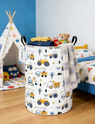 Round Construction Truck Collapsible Laundry Hamper for Nursery,Cute Forest Vehicles Excavator Toy Storage Bin for Kids Boys,Storage Basket for Home,Bedroom,Playroom,New Parent Gift(Excavator) - color: Round Excavator
