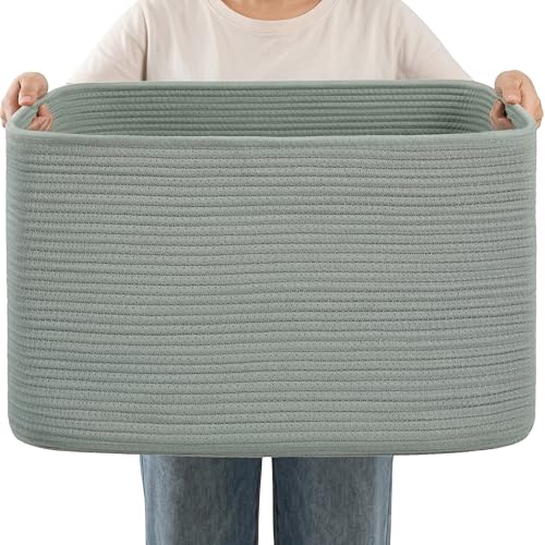 75L Green Cotton Rope Storage Basket, Large Rectangle Laundry Hamper with Handles, 22”x17”x12” Woven Blanket and Toy Basket for Living Room, Bedroom and Nursery - color: Green
