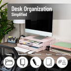 Mind Reader Mesh Monitor Stand with Storage Drawer, Ventilated Laptop Riser and Desktop Organizer, Office, Metal Mesh, Pink