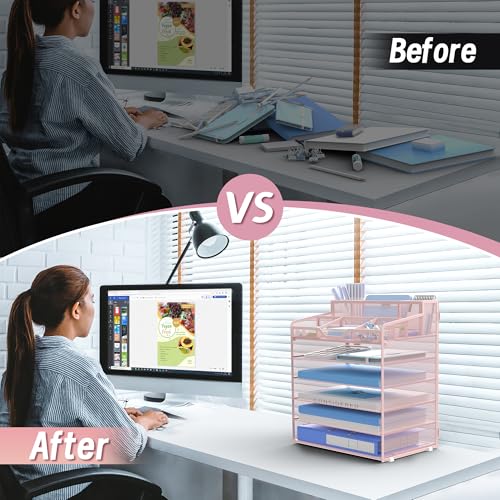 6 Tier Mesh Desk Organizer,Multi Functional Letter Paper Tray with 3 Pen Holders and 5 Adjustable Storage Compartments for Office Supplies Files and Mail Space Saving Desktop Organizer-Pink - color: 6 Tier-pink