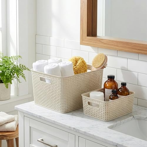 BINO | Plastic Storage Baskets, 33 Liter - 3 Pack, Natural | THE WOVEN COLLECTION | Storage Basket for Shelves | Woven Storage Baskets for Organizing Bins | Pantry Shelf Organizer | Container Bin - color: Natural, size: 33L | 3-Pack