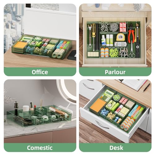 Marbrasse Expandable Desk Drawer Organizer, Clear Plastic Drawer Organizer Tray with 10 Adjustable Compartments, Desk Organizers and Accessories, 5 Drawer Dividers for Office Supplies(Clear Green) - color: Clear Green