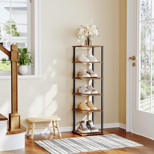 HOOBRO Vertical Shoe Rack, 6-Tier Narrow Shoe Shelf, Shoe Storage Organizer for Small Space, 11" L x 11" W x 39.5" H, Closet, Entryway, Hallway, Bedroom, Rustic Brown and Black BF21XJ01 - color: Rustic Brown + Black, size: 11"L x 11"W x 39.5"H