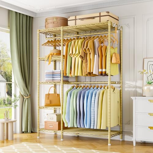 Ulif F2 Clothes Rack, 5 Tiers Heavy Duty Garment Rack for Bedroom, Freestanding Adjustable Closet Storage Organizer, 46.1" W x 15.4" D x 78.3" H, Load 630lbs, Upgraded Gold - color: Gold
