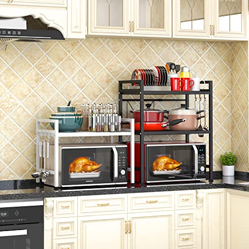 PUSDON Expandable Microwave Oven Rack, 2-Tier Countertop Baker's Rack Style Shelf, Heavy Duty Carbon Steel Stand with 3 Hooks, 160lbs Capacity Modern Kitchen Organizer, White - color: White, size: H-frame 2 tier