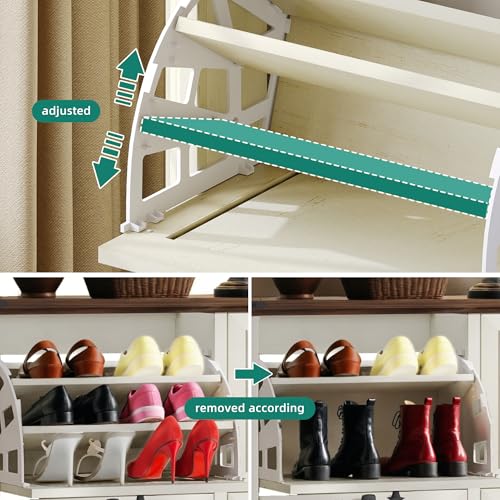YITAHOME Farmhouse Shoe Cabinet with 2 Flip Drawers, Wood Shoe Rack w/Adjustable Shelves and Open Storage, Rustic Entryway Organizer for Hallway, Foyer, Porch, Living Room, White