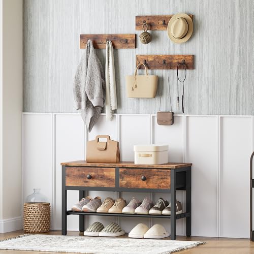 YATINEY Hall Tree with Bench and Shoe Storage, Entryway Bench with Coat Rack, 4-in-1 Coat Rack Shoe Bench, Multifunctional, for Front Door, Hallway, Foyer, Rustic Brown and Black MT05BR - color: Rustic Brown + Black