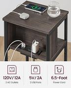 VASAGLE Side Table with Charging Station, 3-Tier End Table with USB Ports and Outlets, Nightstand for Living Room, Bedroom, 11.8 x 13.4 x 22.8 Inches, Plug-in Series, Chestnut Brown and Black - color: Chestnut Brown + Black