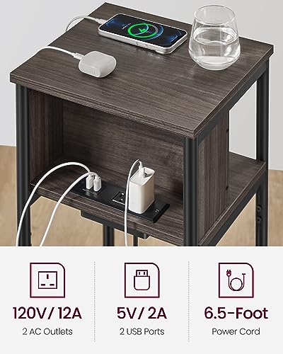 VASAGLE Side Table with Charging Station, 3-Tier End Table with USB Ports and Outlets, Nightstand for Living Room, Bedroom, 11.8 x 13.4 x 22.8 Inches, Plug-in Series, Chestnut Brown and Black - color: Chestnut Brown + Black