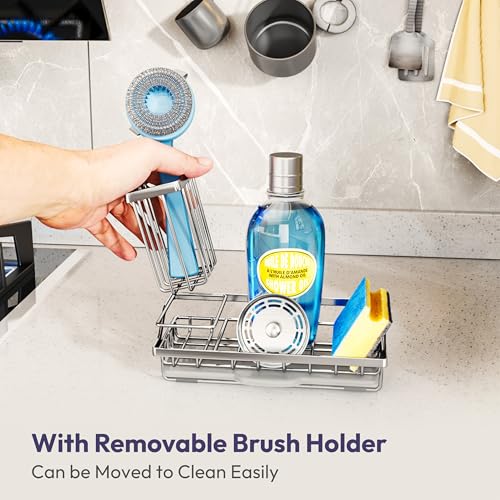SWTYMIKI Kitchen Sink Caddy Sponge Holder, Kitchen Sink Organzier and Storage with High Brush Holder and Drip Tray for Dish Sponges, Silver - color: Silver, size: Medium