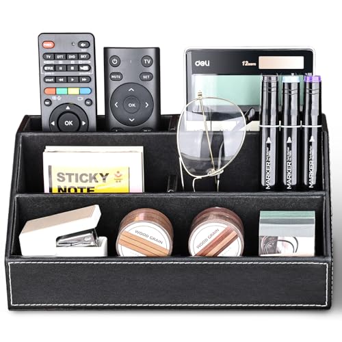 KINGFOM Pu Leather Desk Organizer with 5 Compartments Holder, Multi-Functional Office Supplies Storage Caddy for Pen/Pencil, Phones, Remote Controller and Desktop Accessorie Black - color: Black
