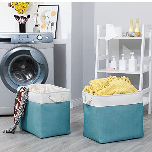 Bidtakay Storage Baskets Extra Large 17x12x15 In Teal Blue Nursery Toy Baskets Fabric Long Shelf Baskets for Organizing Set of 2 Linen Closet Bins for Shelves Decorative Blanket Basket Living Room - color: White&Teal, size: 2 Pack-XL-17x12x15 In