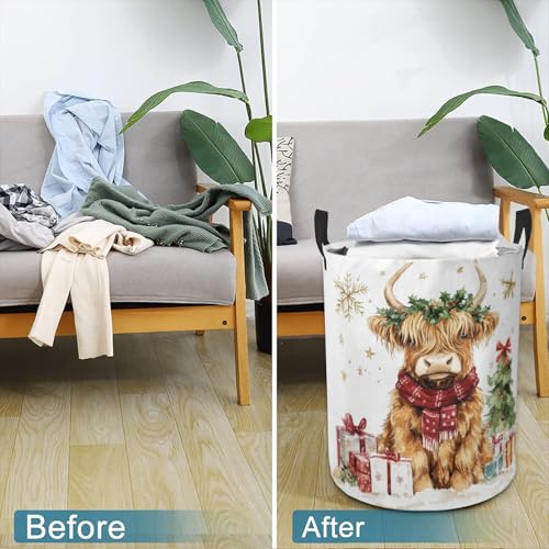Christmas Highland Cow Laundry Basket Cute Animal Foldable Laundry Hamper with Handles Clothes Storage Bin for Household Bedroom Bathroom Dorms 17.3"x13.6" - color: Christmas Highland Cow