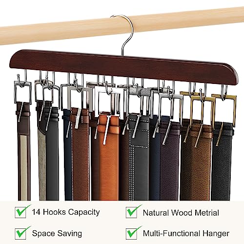 Belt Hanger for Closet, Sturdy Wood Belt Rack Closet Accessories with 14 Hooks Belt Organizer for Closet Organizers and Storage Max 42 Belts-Mahogany 1 Pack - color: Mahogany, size: 1 Pack