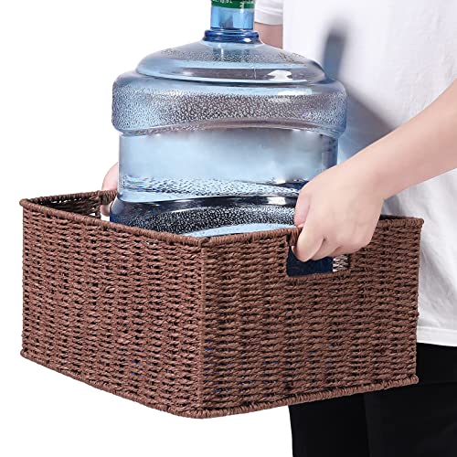 HOONEX Large Woven Storage Baskets, Paper Rope With Sturdy Metal Wire Frame, for Shelves, Set of 2, Dark Brown - color: Dark Brown, size: 15 x 12.8 x 7.5 inches