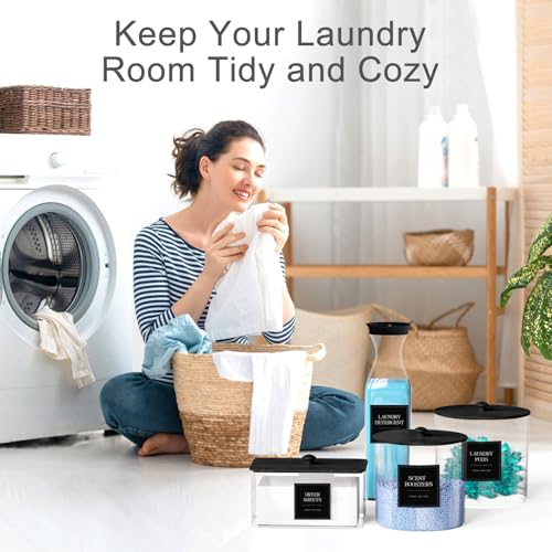 3+1 Pack Laundry Pods Containers & Dryer Sheet Holder & Laundry Detergent Dispenser, Laundry Room Organization and Storage Jars with Lids, Labels and Scoops for Scent Booster Powder Pods, Black Lid - color: Black