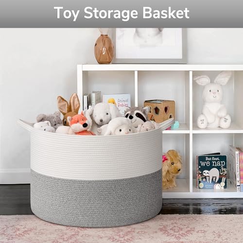 Goodpick Blanket Basket, 23.5'' x 15.8'' Cotton Rope Blanket Basket Living Room, Toy Organizers and Storage with Handles for Kids, 115L Grey - color: Light Grey, size: 23.5x23.5x15.8 Inch (Pack of 1)