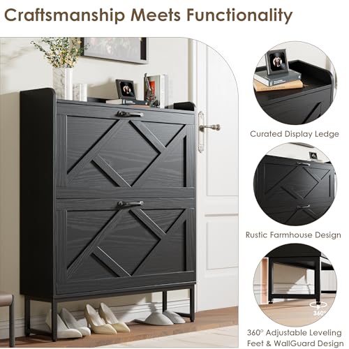 Nicetree Shoe Storage Cabinet with 2 Flip Drawers, Freestanding Shoe Organizer, Shoe Cabinet with Metal Legs, Narrow Shoe Rack Cabinet, Farmhouse Slim Shoe Cabinet for Entryway, Foyer, Hallway, Black - color: Black, style: 2-Drawers