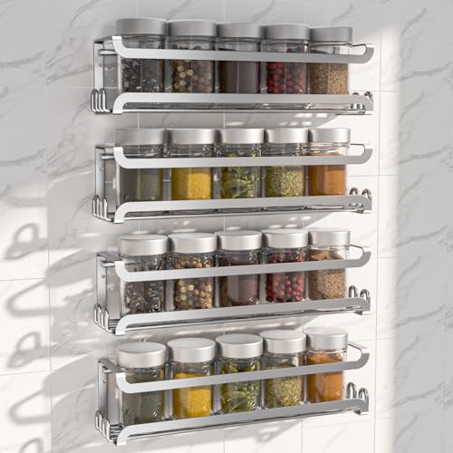 LUCYCAZ 4 Pack Wall Mounted Spice Rack with 16 Hooks, Spice Organizer Shelf for Stove Cabinet Pantry Door,Screw or Adhesive Spice Shelf Hanging Wall Spice Rack in Kitchen and RV (Silver, 4 PACK) - color: Silver, size: 4 PACK