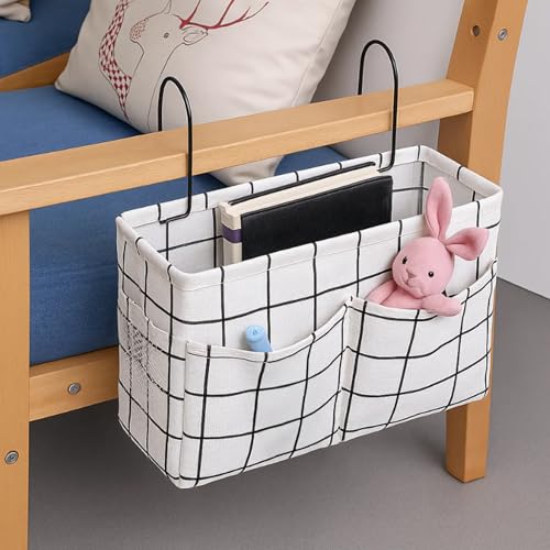 Bedside Caddy Organizer Hanging Storage Basket with Large Pockets & Hooks, Heavy-Duty Canvas Bedside Organizer for Bunk Beds, Dorm Rooms, Hospital Beds & Small Spaces (White Grid Pattern) - color: White Grid Pattern