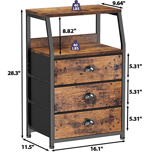 Furnulem Nightstand with 3 Drawers and 2-Tier Shelf, Fabric Small Dresser Organizer Vertical Storage Tower for Bedroom, Closet, Hallway, Nursery, End Table Side Furniture, Sturdy Steel Frame, Wood Top - color: Rustic Brown, style: 3 Drawers
